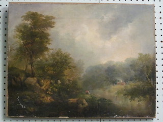 A 19th Century oil on canvas "Rural Scene with Fisherman by a  Stream" 14" x 18"