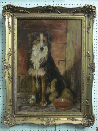 Oil painting on board, "Portrait of a seated Border Collie" monogrammed SL 25" x 17"