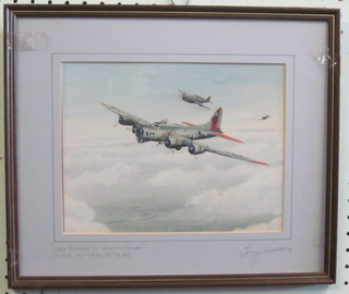 A coloured print "Flying Fortress" marked safe return to  Bassingbourn, the reverse signed by Bill Reed DC, 7" x 9 1/2"