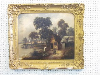 An 18th/19th Century oil on canvas "Rural Scene with Lake,  Fishing Boat and Figures by a Building" 20" x 15"
