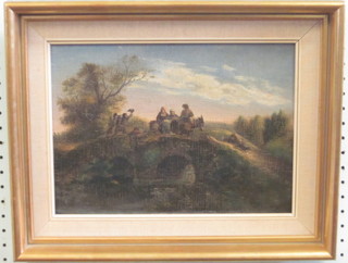 A 19th Century oil on board "Figure Driving a Mule Over a Two  Arched Bridge" 8 1/2" x 11 1/2"