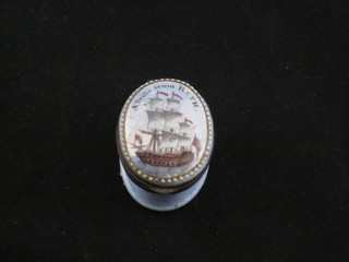 An 18th Century oval enamelled patch box, the hinged lid fitted a mirror and decorated a figure of a 3 masted ship, marked Triforth  From Bath, 2", hinge f,  ILLUSTRATED