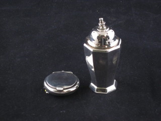 A circular miniature silver compact with hinged lid Birmingham 1919, some dents, together with an Art Deco silver pepperette