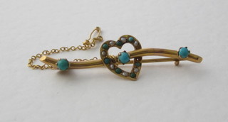 A 9ct gold bar brooch in the form of a heart set turquoise and  pearls