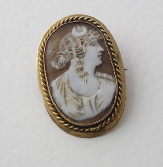 An oval shell carved cameo portrait brooch of a classical lady, contained in a gilt mount