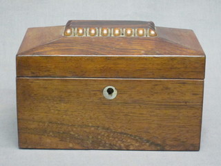 A Victorian rosewood twin compartment tea caddy of  sarcophagus form with hinged lid 8"