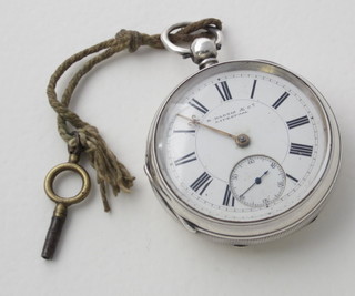 An open faced pocket watch with enamelled dial, Roman  numerals and subsidiary second hand by E Harris & Co of Liverpool, contained in a silver case