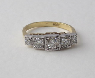 A lady's 18ct yellow gold dress/engagement ring set 5 Princess  cut diamonds, approx 0.90ct