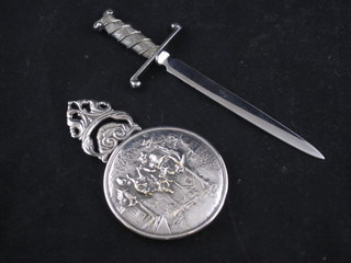 A small silver plated hand mirror and a silver plated double  bladed paper knife