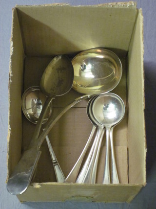 An Old English pattern silver plated ladle, do. serving spoon and  a collection of various soup spoons