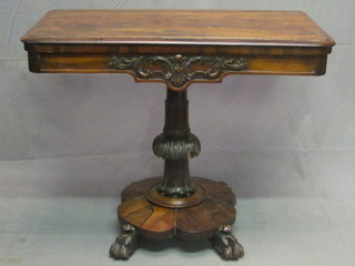 A William IV rosewood D shaped card table, raised on a turned  and fluted column with shaped base, 36"   ILLUSTRATED