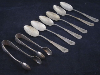 6 Edwardian silver plated teaspoons and a pair of matching tongs and 1 other pair of tongs