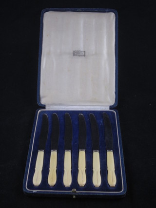 A set of 6 tea knives with steel blades and ivory handles by Harrods, cased