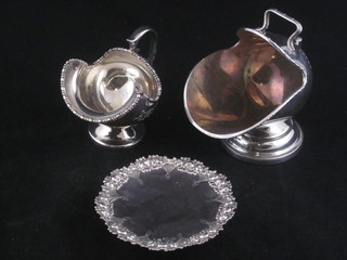 A circular silver plated pedestal dish 4" and 2 silver plated sugar scuttles