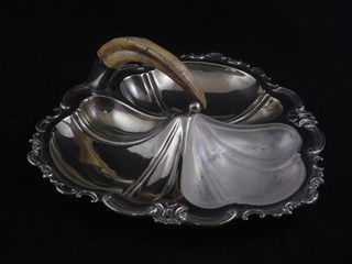 A silver plated 3 section dish with tusk handle
