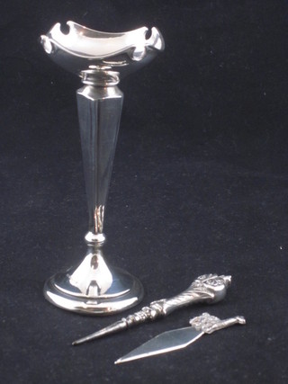A silver specimen vase 4 1/2", a book mark and a bodkin