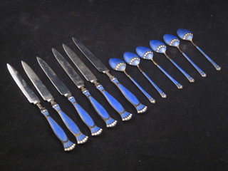 6 silver and blue enamelled coffee spoons Birmingham 1929 and  6 silver tea knives with enamelled handles