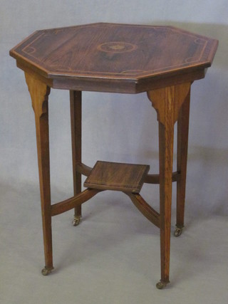 A Victorian octagonal inlaid rosewood 2 tier occasional table, raised on square tapering supports 20"
