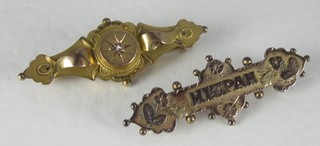 2 gold bar brooches one marked Mizpah