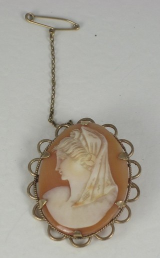 A shell carved cameo portrait brooch contained in an oval 9ct gold brooch mount