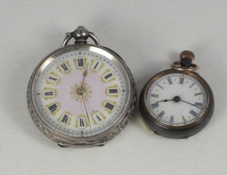 A lady's Continental open faced fob watch contained in a steel case and 1 other in a gun metal case