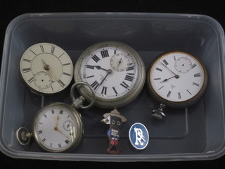 A gentleman's Omega open faced pocket watch contained in a  gun metal case, f, and 1 other contained in a polished steel case,  a pocket watch movement, a fob watch, a Golden Shred  enamelled badge and 1 other badge