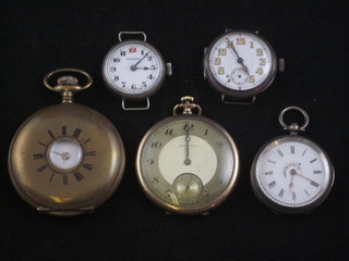 A Berkley gentleman's open faced dress pocket watch contained  in a gold plated case, a silver cased fob watch, 2 wristwatches