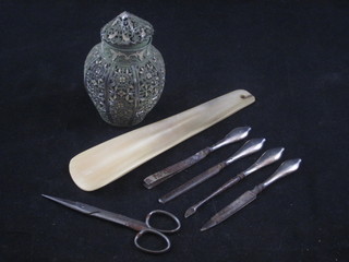 A horn shoe horn, 4 silver handled manicure implements, a  pierced metal vase 3" and a pair of scissors