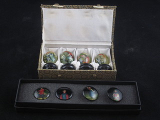 4 Continental lacquered buttons and 4 painted Eastern hardstone  eggs
