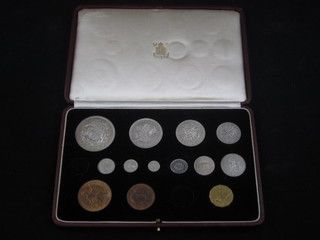A 1937 proof set of crowns comprising crown, half crown,  florin, 2 shillings, sixpence, Maundy penny, tuppence and  thruppence, penny, half penny and a thrupenny bit, missing 2  coins,
