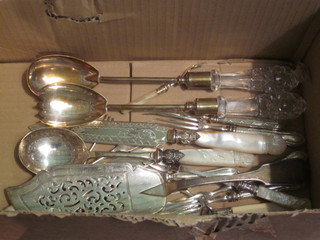 A silver plated fish slice, pair of silver plated salad servers with  cut glass handles and a small collection of flatware