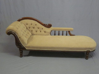 A Victorian mahogany show frame chaise longue, raised on turned supports 74"