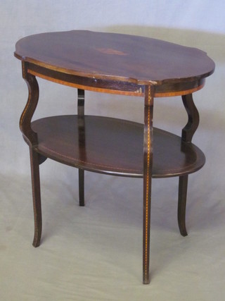 An Edwardian oval inlaid mahogany 2 tier occasional table, raised on outswept supports 27"