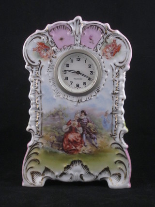A 19th Century bedroom timepiece with paper dial and Arabic numerals contained in an Austrian porcelain case decorated  romantic scenes