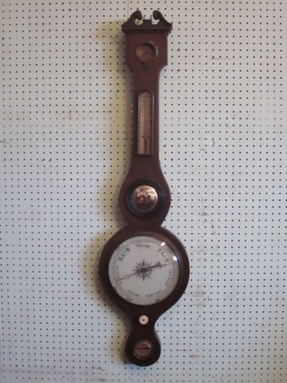 A 19th Century mercury wheel barometer and thermometer with painted dial, dry/damp indicator, f, mirror and spirit level to the  base, contained in an inlaid mahogany case   ILLUSTRATED