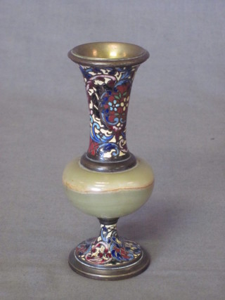 An onyx and champ leve enamelled vase of club form 5"