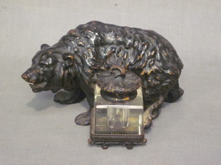 A Victorian black painted spelter inkwell in the form of a walking bear 5"