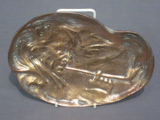 A cast copper ashtray decorated a gentleman smoking a clay pipe  6"