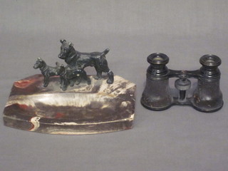 An Art Deco spelter and marble finished ashtray decorated 3  standing terriers 6" and a pair of opera glasses