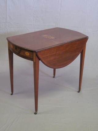 A 19th Century oval inlaid mahogany Pembroke table, fitted a  drawer and raised on square tapering supports ending in brass  castors, 32"  ILLUSTRATED