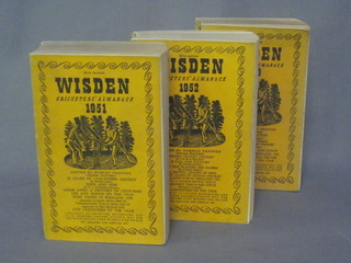 3 paper bound editions of Wisdens Cricketing Almanac 1950,  1951 and 1952