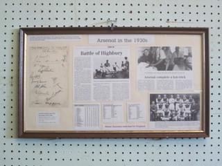 A piece of paper signed by the 1934-35 Arsenal Football team, reputedly obtained by a sports writer, framed and with various  photocopy press clippings 10" x 18"