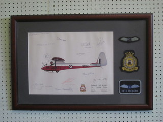 A 1978 coloured print after Douglas Cameron of Air Training  Corps Seabright TX.1 signed by various members of 1053 103  218 squadron, a pair of pilot's wings and a 643 squadron badge,  framed 16" x 23"