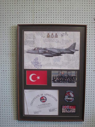 A collection of ephemera relating to service in 1995 in Turkey including a framed print of a Harrier GR7, a certificate of  appreciation and 2 cloth badges, 28" x 17" framed