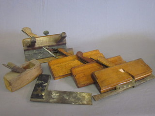 A brass and ebony square, 4 moulding planes and a smoothing plane