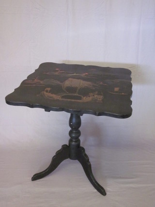 An Oriental style square black lacquered tea table, the top decorated the sea with junk, volcano in the distance, raised on  turned pillar tripod supports 29"