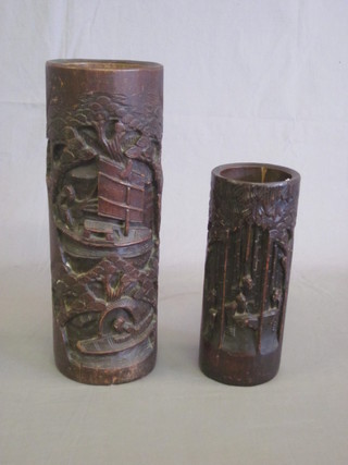 2 carved bamboo vases 13"