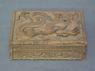 A carved Eastern hardwood box decorated dragons 6"