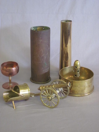 A circular Trench Art sugar scuttle, 2 shell cases, a copper goblet and 1 other item