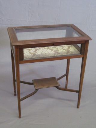 An Edwardian rectangular inlaid mahogany bijouterie table, raised on square tapering supports with undertier 25"